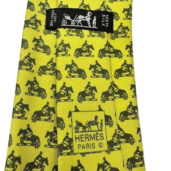 Hermés Paris Men's Vintage Horses Print Yellow Tie 100% Silk - Picture 5 of 6